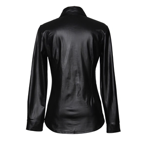 Back view of a sleek black PU leather long sleeve shirt showing high-shine texture