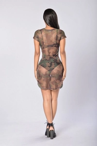 Detailed back view of a sheer camouflage mesh dress with short sleeves and bodycon fit
