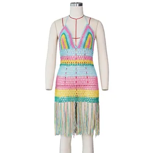 Colorful striped crochet mini beach dress with halter neck and long fringe details