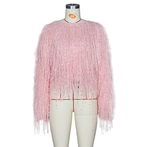 Pull rose à manches longues avec franges shaggy et paillettes brillantes pour femmes
