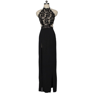 Sexy black lace halter maxi dress with backless design and high side slit for formal parties