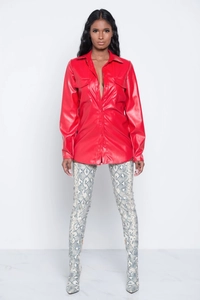Front full view of a vibrant red PU leather long sleeve shirt jacket for women