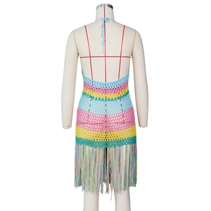 Colorful handmade crochet beach dress with hollow knit tassels and open back design