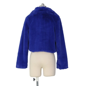 Detail view of the royal blue faux fur jacket with thick soft texture and H-line cut