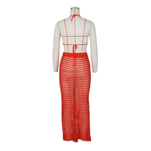 Detailed back view of red crochet halter top and hollow mesh skirt on a mannequin