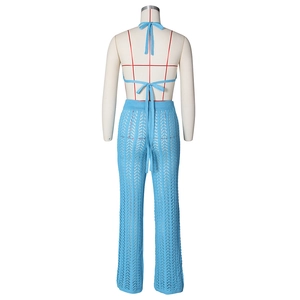Detail of light blue crochet knit set showing halter top back ties and hollow mesh pattern