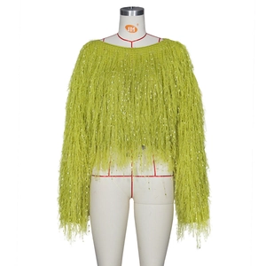 Détails d'un pull en maille verte avec de longues franges et des sequins argentés brillants
