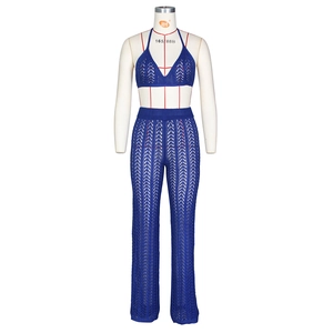 Detail of royal blue crochet two-piece set with wave hollow texture on mannequin