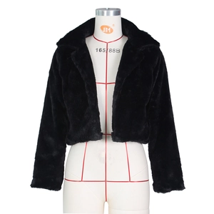 Detail of a black faux fur jacket featuring a large collar and plush glossy texture