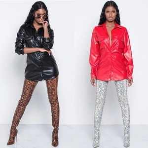 Women's sexy PU leather long sleeve shirts in red and black with stylish snake skin boots