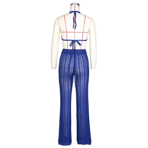 Detailed back view of royal blue crochet two-piece set showing hollow knit texture on trousers