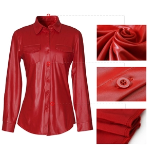 Red PU leather long sleeve shirt with classic collar and cargo chest pockets