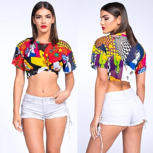 Pop art print crop top with tie-front knot and white denim shorts summer outfit