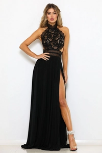 Detail view of elegant black lace halter neckline and high slit on a formal evening gown
