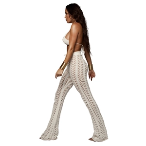Détails de l'ensemble de plage en maille crochet blanc avec pantalon évasé ajouré