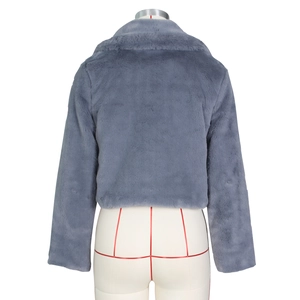 Back view of a grey faux fur jacket with a large lapel collar and soft fluffy texture