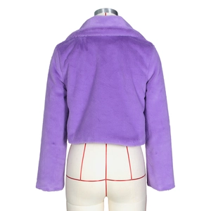 Detailed back view of a plush purple faux fur cropped jacket on a mannequin display