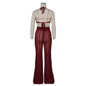 Detail view of burgundy crochet knit two-piece set featuring hollow wave pattern and lace-up back