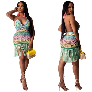 Sexy handmade crochet hollow out tassel beach cover up dress with colorful stripes