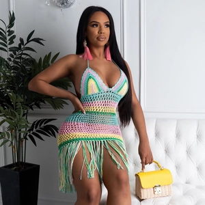 Sexy handmade crochet hollow beach dress with colorful stripes and long fringe details