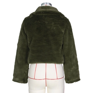 Back view of a cropped dark olive green faux fur jacket with plush long sleeves