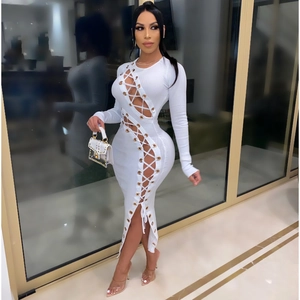 Damen Sexy Hohle Kreuzschnürung Langarm Maxikleid Rippstrick Slim Fit Bodycon Club Party Bleistiftkleid