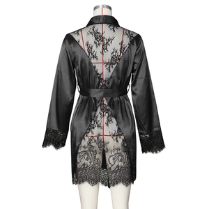 Detail view of women's black satin robe with V-shaped lace cutout back and tie-waist