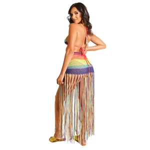 Vue détaillée du dos du bikini en crochet arc-en-ciel avec de longues franges tressées
