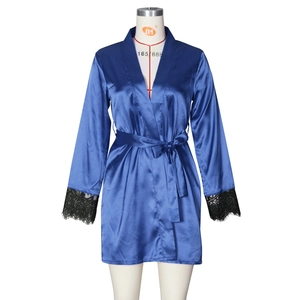 Detail of dark blue satin robe showing exquisite black eyelash lace trim on sleeves
