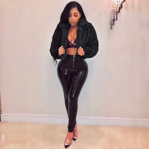 Women's chic black faux fur cropped cardigan jacket with a stylish oversized collar