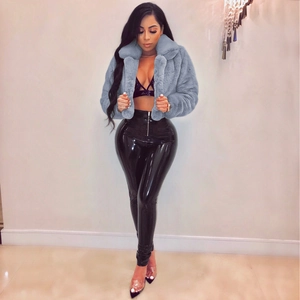 Women's trendy grey faux fur cropped jacket with lapel collar and soft plush texture