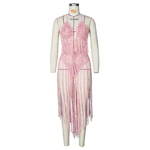 Handgefertigtes Häkel Bikini Set in Rosa mit Neckholder Top und langen Fransen Quasten