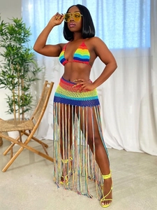 Ensemble Top Et Bottom Arc-en-ciel Crochet Pour Femmes Sexy Acrylique À Glands Ajouré Sortie De Bain Plage Bohème