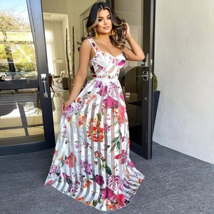Robe Longue Maxi Corset Sexy pour Femme Imprimé Floral Mesh Rayé Transparent Sans Manches Ligne A pour Plage Fête Été