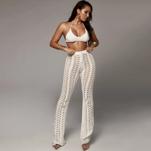 Pantalon de Plage Sexy en Maille au Crochet Ajouré pour Femmes Taille Haute Pantalon de Vacances Bohème avec Cordon de Serrage