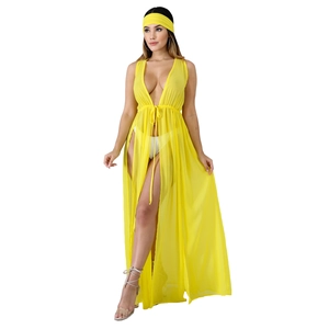 Détail de la tunique de plage jaune en mousseline avec col en V profond et taille à cordon