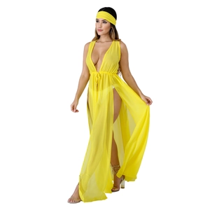 Détail du cache-maillot jaune en mousseline avec taille coulissante et fente haute