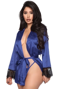 Detail of navy blue satin robe showing elegant black eyelash lace trim on long sleeves