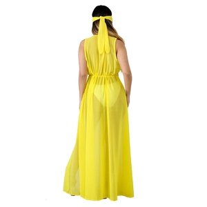 Vue détaillée du dos d'un long cache-maillot en mousseline jaune avec taille haute