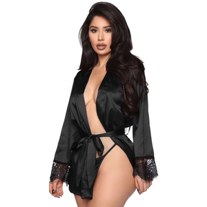 Elegant black satin women's bathrobe with eyelash lace trim and waist tie belt