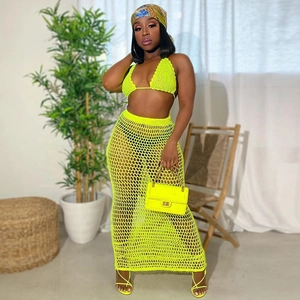 Women Crochet Beach Cover Up Halter Bikini Top And Fishnet Hollow Out Maxi Skirt Vacation Outfit Summer Knitwear