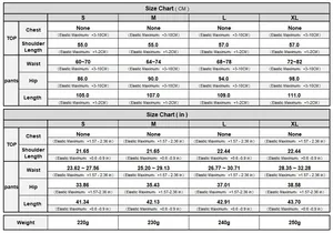 Detailed size chart for women's knit beach set with measurements in cm and inches