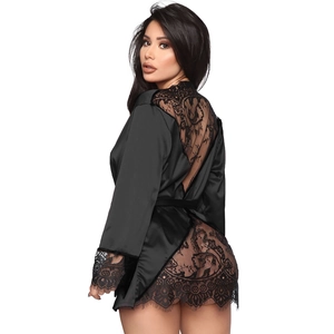 Detailed back view of sexy black satin robe with sheer floral lace panels and eyelash trim