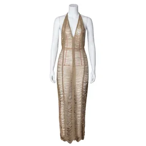 Women's sexy deep V-neck halter knitted beach dress in beige crochet ladder stripe design