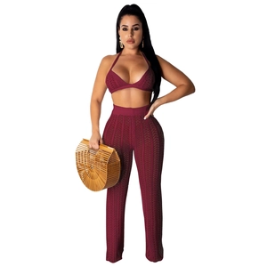 Detail of burgundy crochet knit two-piece set featuring hollow-out mesh wave pattern