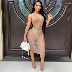 Damen Sexy Neckholder Ausschnitt Strick Midi Kleid Rückenfrei Einfarbig Ärmellos Slim Fit Urlaub Strand Party Club Kleid