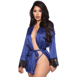 Detail shot of navy blue satin robe with delicate black lace trim on the sleeves