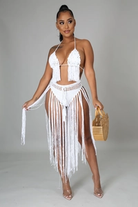 Handgehäkeltes Bikini-Set in Weiß mit langen Fransen und Neckholder-Top für Damen