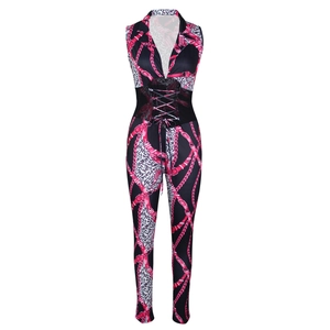 Detail of deep V-neck jumpsuit with leopard print and pink chain pattern waist lace-up