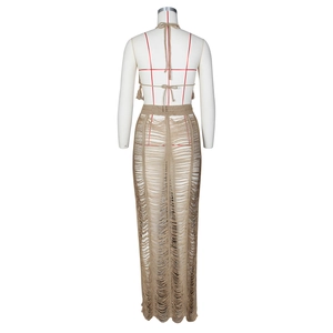 Detailed back view of a khaki crochet beach set featuring tassel tie-up halter neck top